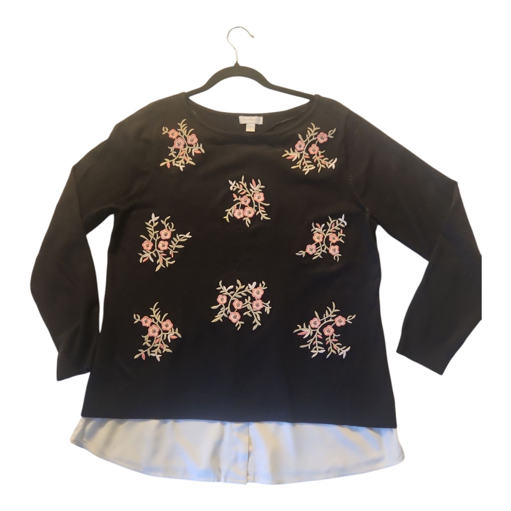 CHARTER CLUB. Floral Embroidered Black Long Sleeve Top SKU F18